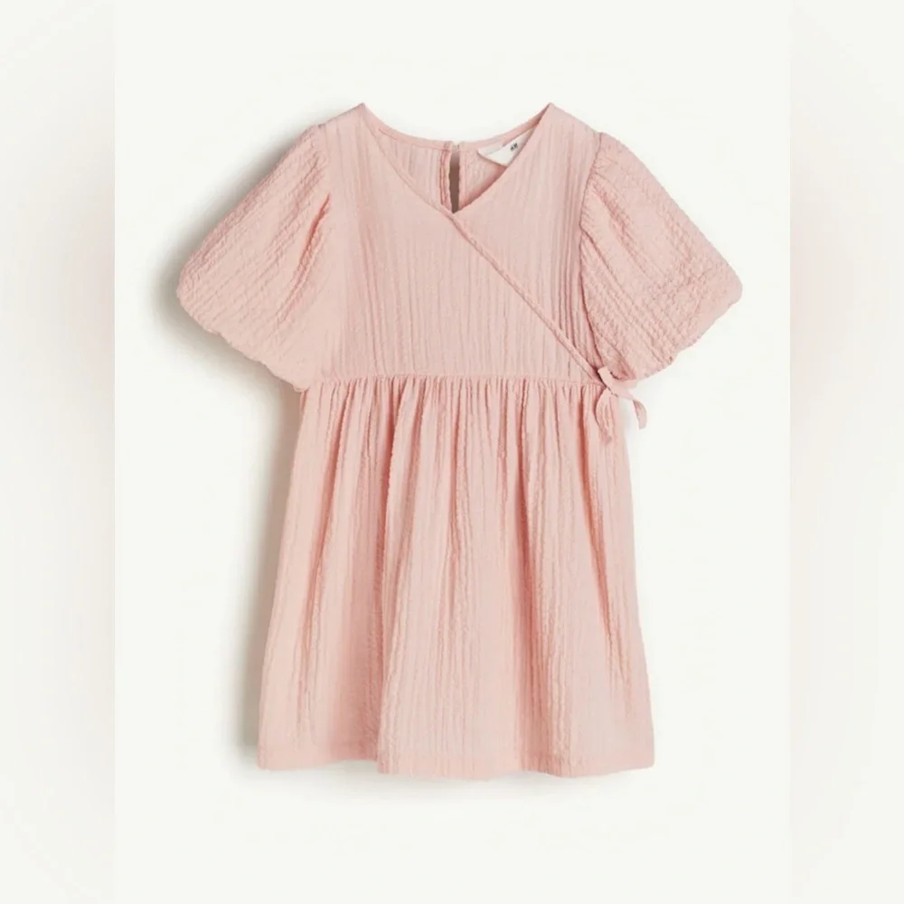 H&M Pink Puffed-Sleeved V-neck Wrap over Front Kids Dress Size 8 EUC